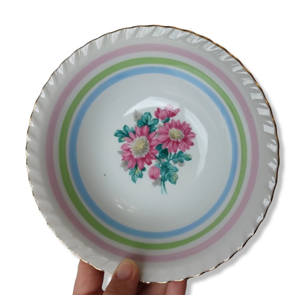 Vintage Small Serving Bowl Dish Dinnerware Servingware Pink Blue Green Gold Rim